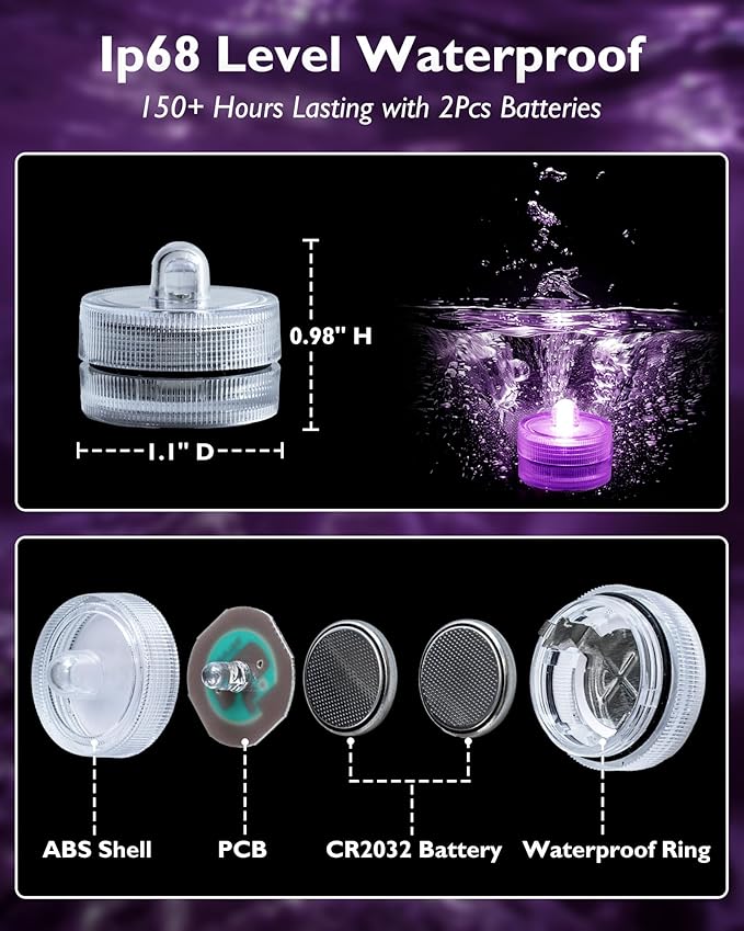 Homemory 12pcs Mini Submersible LED Lights, Waterproof Small Tealight Candles,Battery Operated Underwater EFX Light for Vase,Pool Pond,Halloween Lantern Decor-Purple