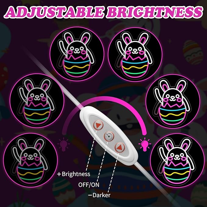 Easter Neon Sign for Wall Decor with Sticker, Waving Bunny Neon Lights, Dimmable LED Easter Rabbit Egg Window Decoration, Light Up Lamp Gift for Bedroom, Bar, Gameroom Decor, Wedding Birthday Party