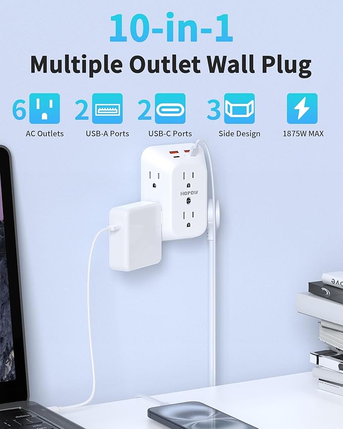 Outlet Extender Surge Protector, 6 Outlet Splitter with 4 USB Ports (2 USB C), USB Wall Charger, 3-Sided 1050J Multi Plug Wall Outlet, Wall Mount for Home Travel Office Travel, White