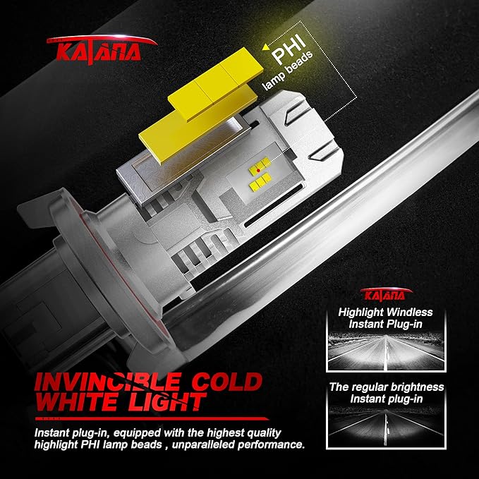 Katana H13 Light Bulbs | 9008 Light Bulbs Fanless Wireless Super Bright 6500K Xenon White Fog Light, Pack of 2