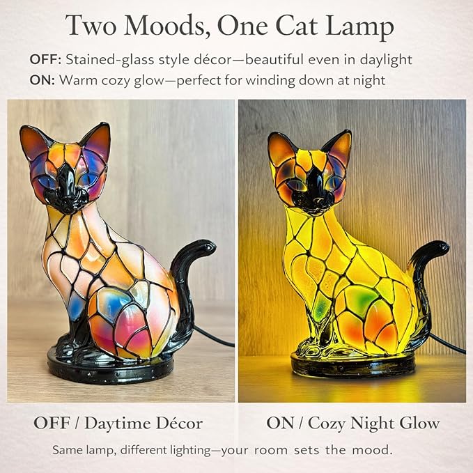 Cat Lamp, Stained Glass Cat Lamp, Decorative Resin LED Night Light for Cat Lovers, USB Vintage 3D Table Lamp Cozy Glow for Desk & Mantel – Fun Gift for Pet Owners (Siamese Cat A)