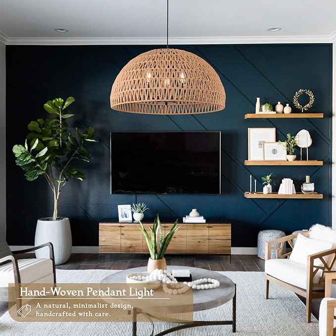 24" Brown Woven Pendant Light Boho Chandelier Dome Rustic Farmhouse Chandelier Wicker Pendant Light Rattan Light Fixture for Dining Room Living Room Bedroom Kitchen Island Foyer(Bulb Incl)