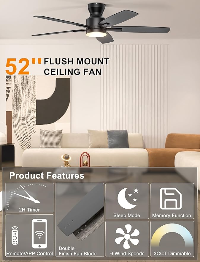 Ohniyou Ceiling Fans with Lights, 52'' Low Profile Ceiling Fan with Light and Remote/APP Control, Modern Flush Mount Ceiling Fan for Indoor Bedroom Living Room, Dimmable, Qiuet DC Motor, Black