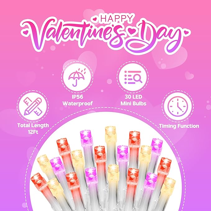 30 LED Valentines String Lights - 10Ft Mini Bulbs Battery Powered Pink Red Yellow Light for Indoor Wedding Anniversary Romantic Dating Party Gifts Valentine Decorations - 8 Modes with Bulit-in Timer
