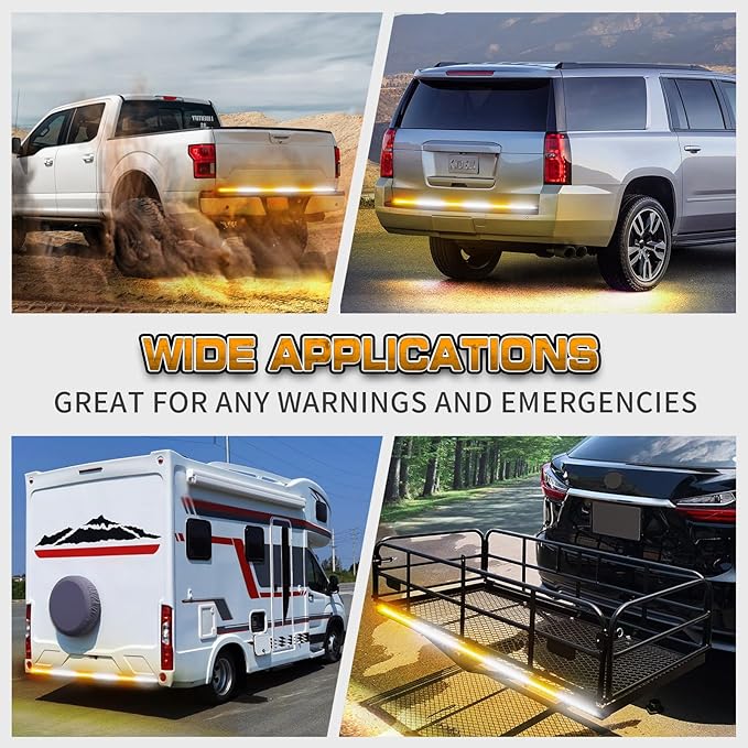XRIDONSEN 48 inch Truck Tailgate Strobe Lights Strip Rear Window Lights 288 LED Tail Emergency Light Bar Amber White Flashing Warning Hazard Safety for Plow Trucks Construction Vehicles Pickup Trailer