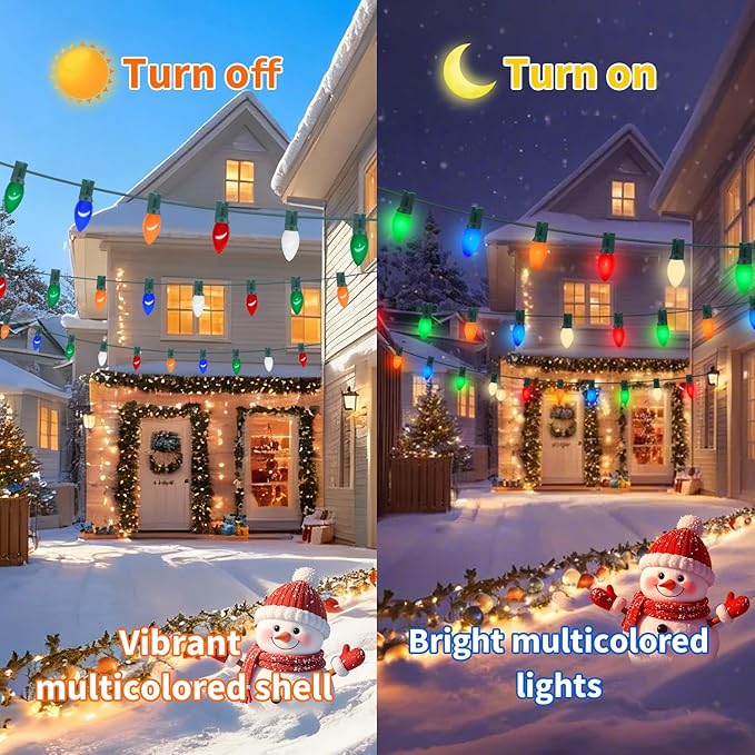 50FT C9 Multicolor Christmas Lights Outdoor, Vintage Christmas Lights Green Wire with 50+5 Multicolored C9 Ceramic Bulbs, Hanging String Light for Xmas Tree Home Yard Party Decor, 7W, E17 Base