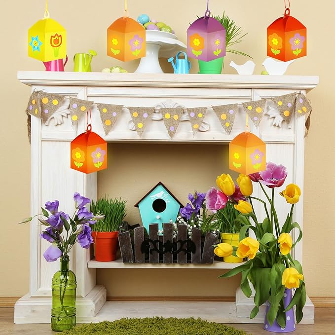 12 Sets Spring Floral Flower Craft with LED Lights Colorful Flower Tissue Paper Crafts Kits DIY Hanging Suncatchers Lanterns Kits for Window Decor Spring Summer Favors Home Activities