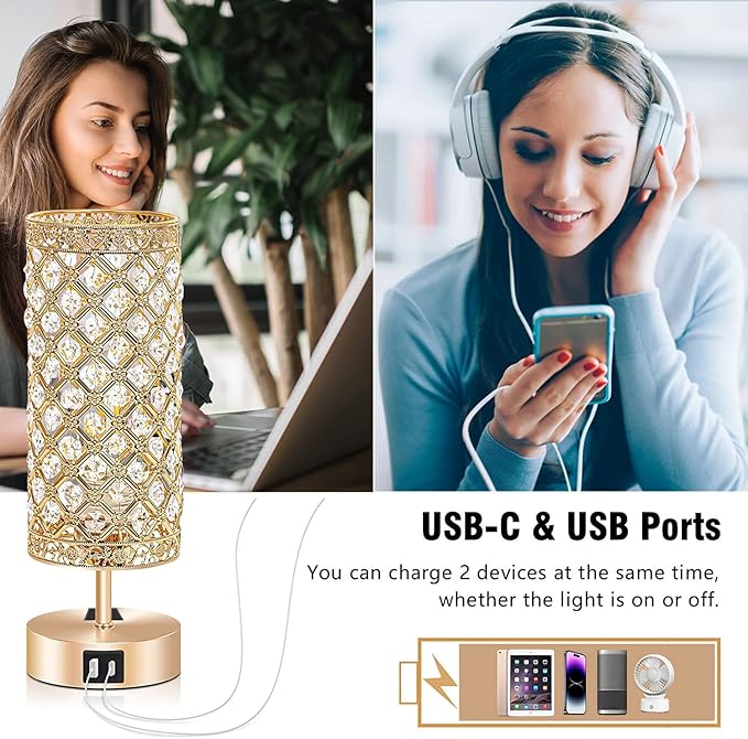 Gold Crystal Table Lamp, Bedside Nightstand Desk Lamp Touch Control Night Light Women Bedroom Decor Bling Lamps with 4 USB Ports & Bulb Included for Home, Office, Living Room