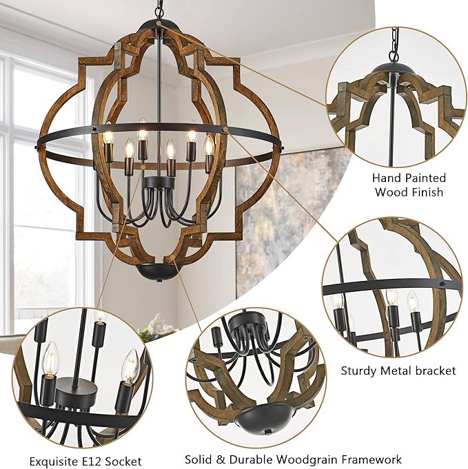 8-Light Farmhouse Wood Pendant Light,31.96'' Vintage Rustic Brown Oak Wood Chandeliers,Retro Industrial Hanging Light Fixtures for Dining Room Entryway, Bedroom