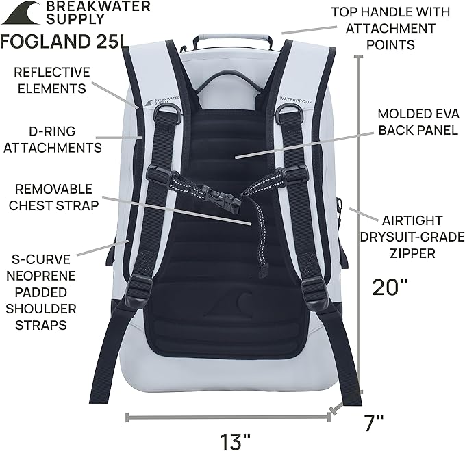 Breakwater Supply™ Waterproof IP68 Submersible Backpack with Airtight Zippers | Laptop Travel Outdoors | Fogland 25L 20L 15L | 100% Waterproof, Submersible, Airtight Zippers, Travel Outdoors