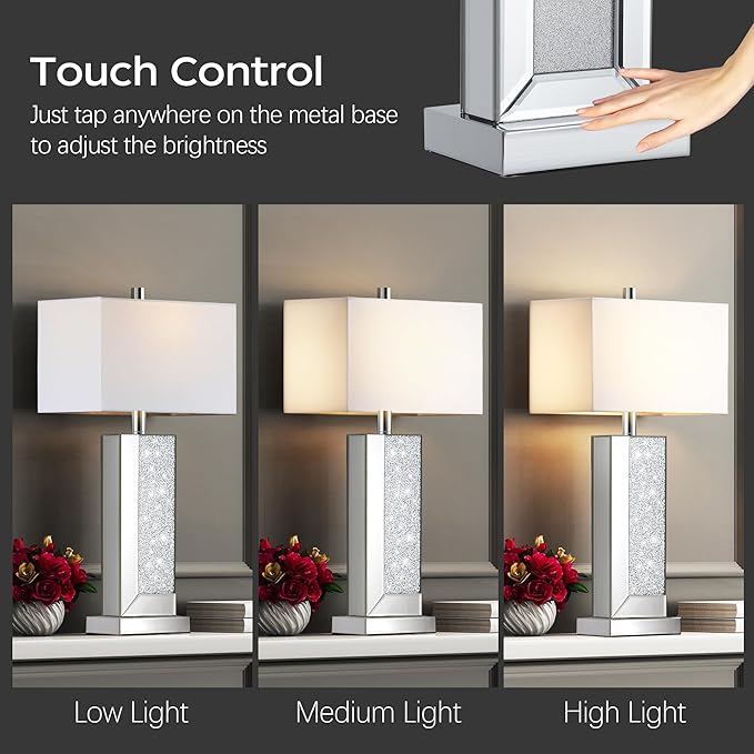 PARTPHONER Modern Mirror Table Lamp Set of 2 - Touch Control 3-Way Dimmable Bedside Lamps with USB-C/A Ports, Silver Diamond Crystal Accent & White Fabric Shade for Bedroom, Living Room, Nightstand