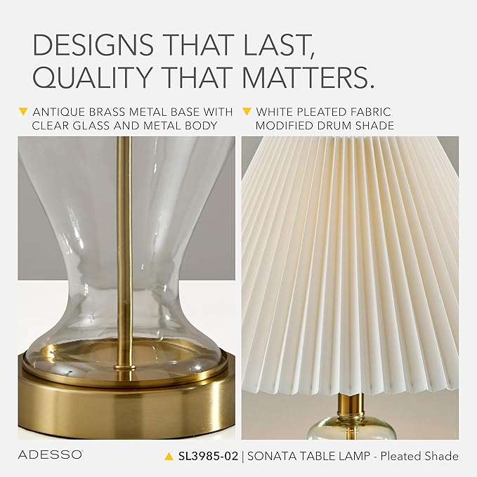 Adesso Table Lamp with Glass Base, Brass Accents, and Pleated White Fabric Lampshade – Bedside Table, Home Office Lighting, or Living Room Decor, 26” x 15”