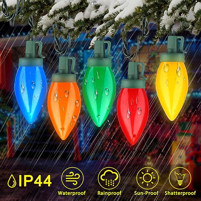 C9 Christmas Lights Outdoor, 23Ft 35LED C9 Vintage Christmas LED Lights C9 Multicolor Bulbs C9 Christmas String Lights Plug in for Outdoor Patio Backyard Indoor Party Tree Christmas Decor Green Wire