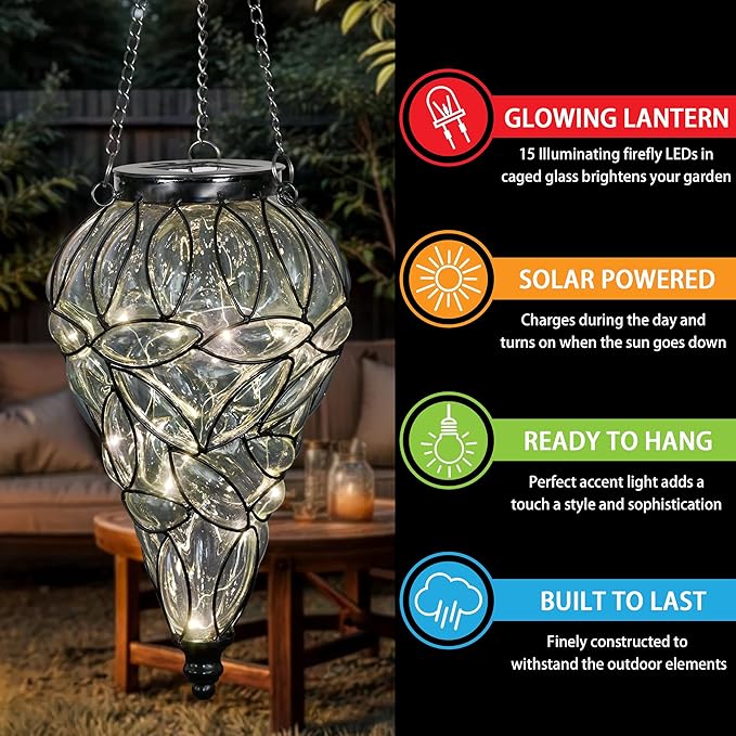 Solar Hanging Lantern Outdoor Garden Lights, Tear-Shaped Glass and Metal Hanging Lantern, 15 Firefly LED Lights, 7 x 24 Inch (Clear)