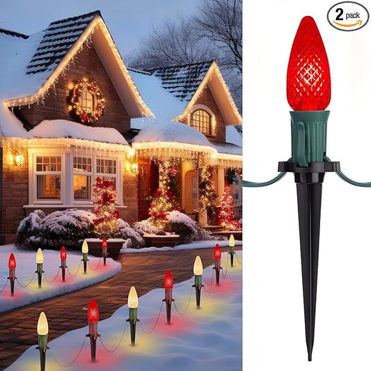 Christmas Pathway Lights Outdoor, 2 Pack 26 Ft 20 LED C9 Strawberry String Lights with Stakes, Connectable Waterproof Outside Christmas Lights Marker for Path, Lane, Patio Decor, Red & Warm White