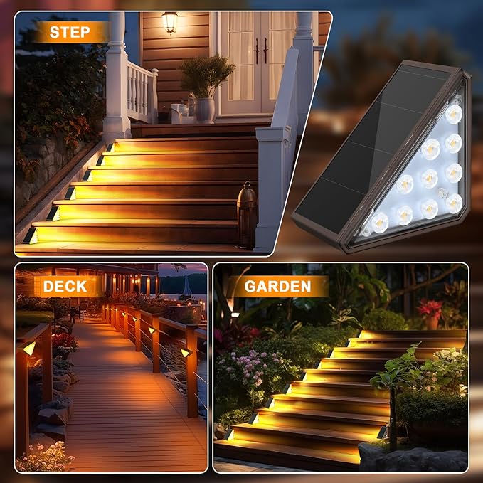 8 Pack Solar Stair Lights, Outdoor Step Lights with Waterproof IP67, Warm White LED Solar Light for Outside Light Decor for Stair, Deck, Front Step, Front Porch, Patio and Backyard
