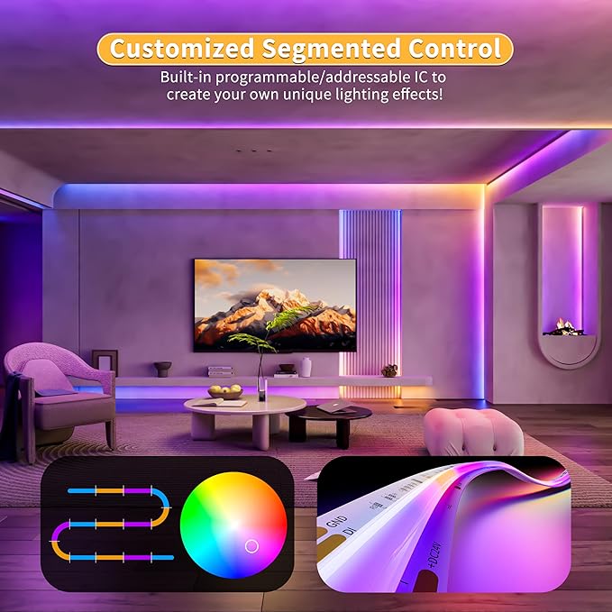 PAUTIX RGB Smart IC COB LED Strip Light Addressable 32.8ft/10m,UL-Listed 24V Color Flowing Strip Light Multicolor Flexible Tape Light for TV,Bedroom,Party DIY Decoration(Without Controller&Adapter)