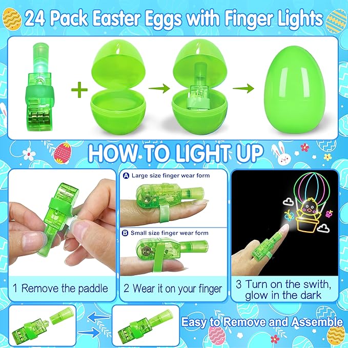 24 Pack Easter Eggs Fillers with Finger Lights, Easter Party Favors Light Up Toys for Kids Boys Girls Easter Egg Fillers Easter Hunt Filling Treats Easter Basket Stuffers