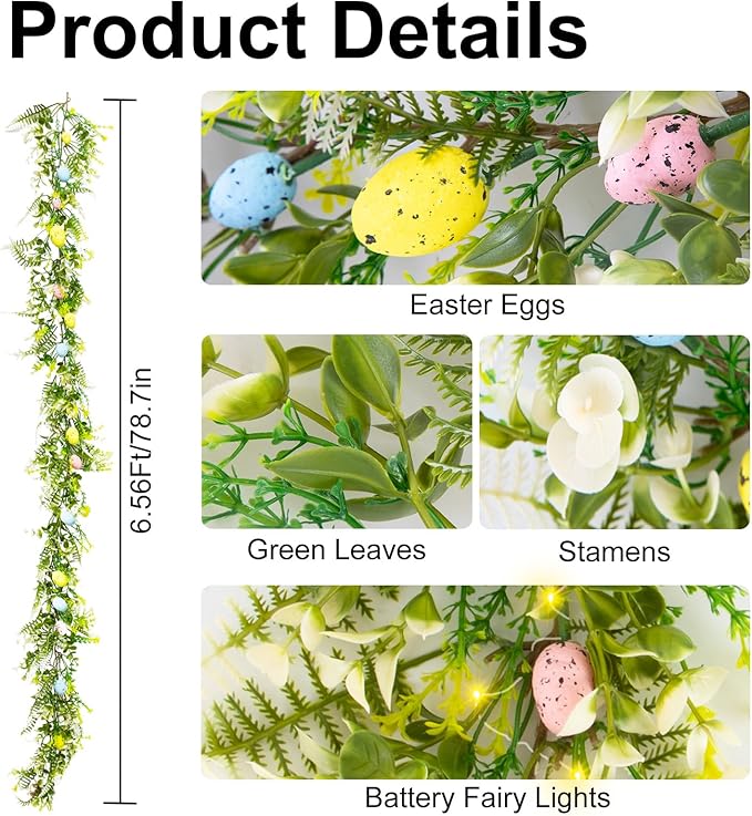 6FT Lighted Easter Egg Garland, Battery Operated Spring Garland with Warm White LED Lights, Easter Decorations for Fireplace Mantel, Door, Indoor & Outdoor Holiday Decor
