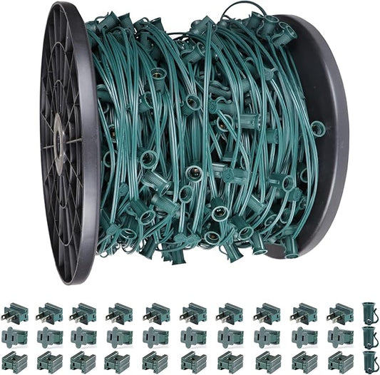 500FT C7 Light String Christmas Stringer, E12 Christmas Sockets 12" Spacing, C7 Stringer Set Green Outdoor String Light for Wedding Patio Event Lighting Decor, Green Wire