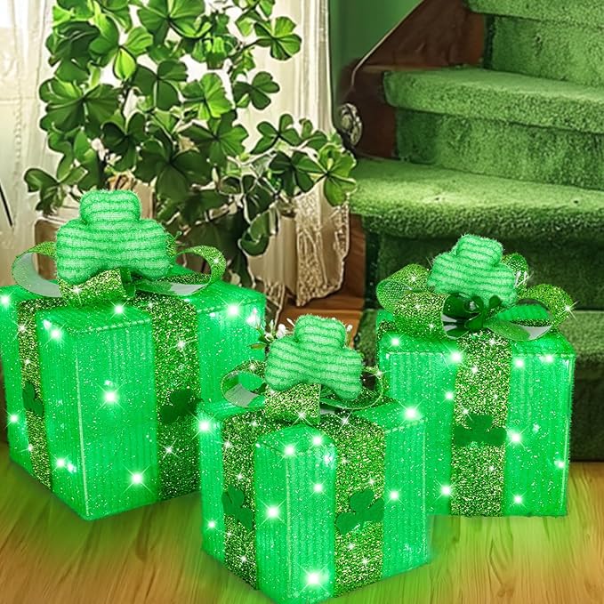 Timer & 8 Mode 3 Pack St Patricks Day Decorations Lighted Gift Boxes with 3D Shamrocks 60 LED Glitter Tinsel St Patrick's Day Decor Battery Operated Light Up Clover Present for Outdoor Home Room Decor