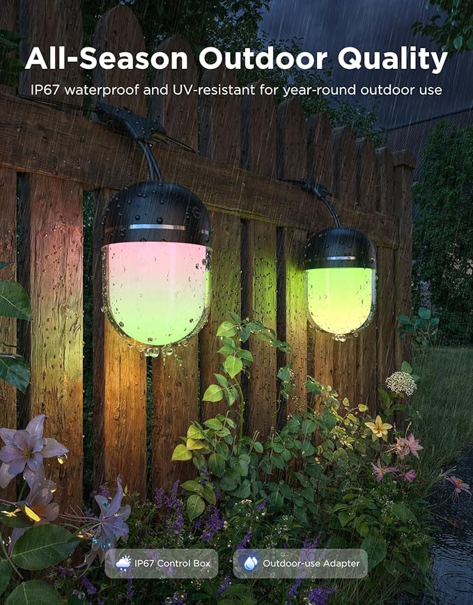 Govee Outdoor Chromatic String Lights, 65.6ft RGBIC Outdoor Lights with 55 Uni-IC Control LED Bulbs, 111+ Scene Modes, IP67 Waterproof, String lights compatible with Alexa, Google, Matter, App Control