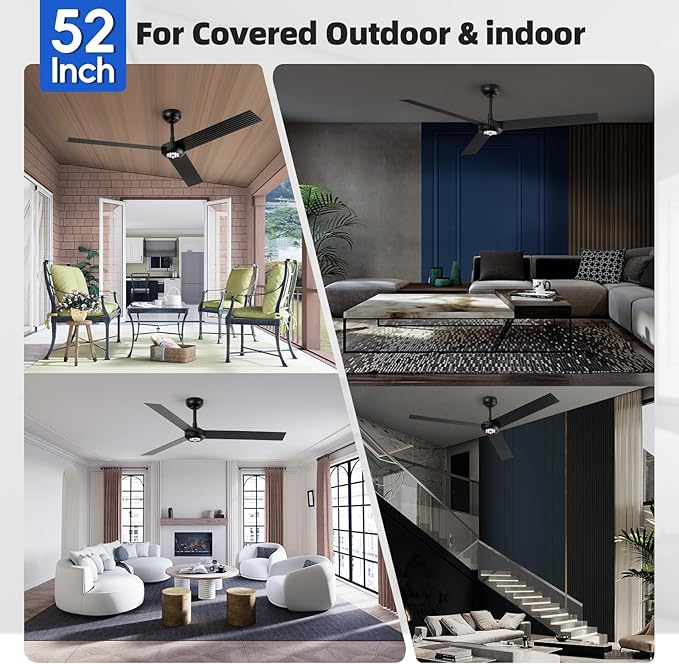 TALOYA 52 inch Modern Ceiling Fan with Lights,Remote Control,3 Metal Blades,Black Finish,6-Speed,Dimmable, Noiseless Reversible DC Motor,Indoor/Outdoor Ceiling Fan for Living Room Bedroom patio