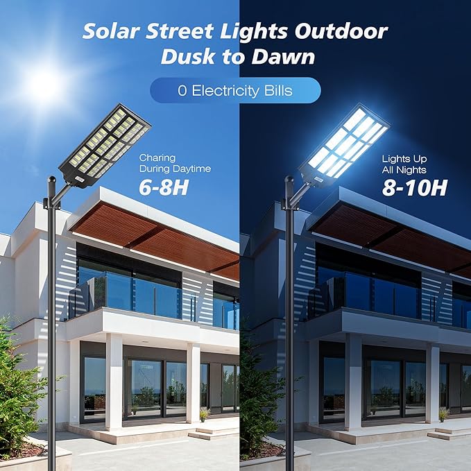 10000W Solar Street Lights Outdoor - Wide Angle Solar Lights Outdoor Motion Sensor, Commercial Parking Lot Light Dusk to Dawn, 7000K LED Street Light IP66 Waterproof with Remote Control