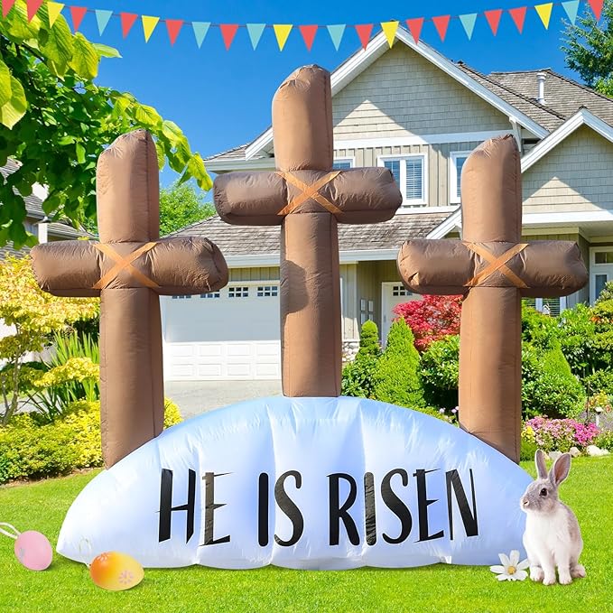 6FT Easter Inflatable Outdoor Decorations He is Risen Cross, Build-in LED Lights Holiday Blow Up Yard Decoration, for Easter Holiday Party, Outdoor,Garden, Yard Lawn Décor