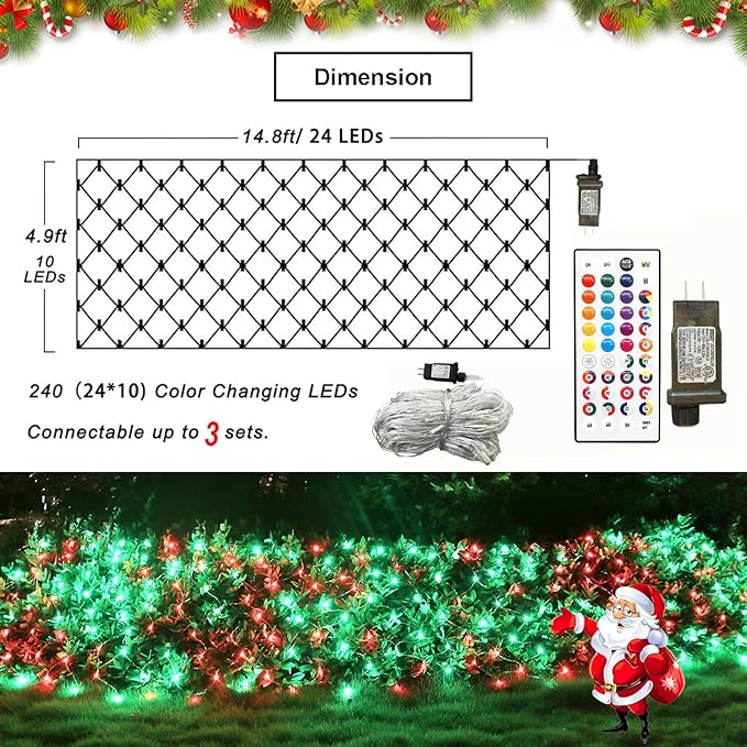 240 LED Net Lights, 35 Colors Changing 4th of July Net Lights Outdoor Clear Wire, 14.8ft x 5ft Connectable Red White Blue Mesh Lights for Bushes Christmas Halloween Holiday Party Hedge Patio Decor