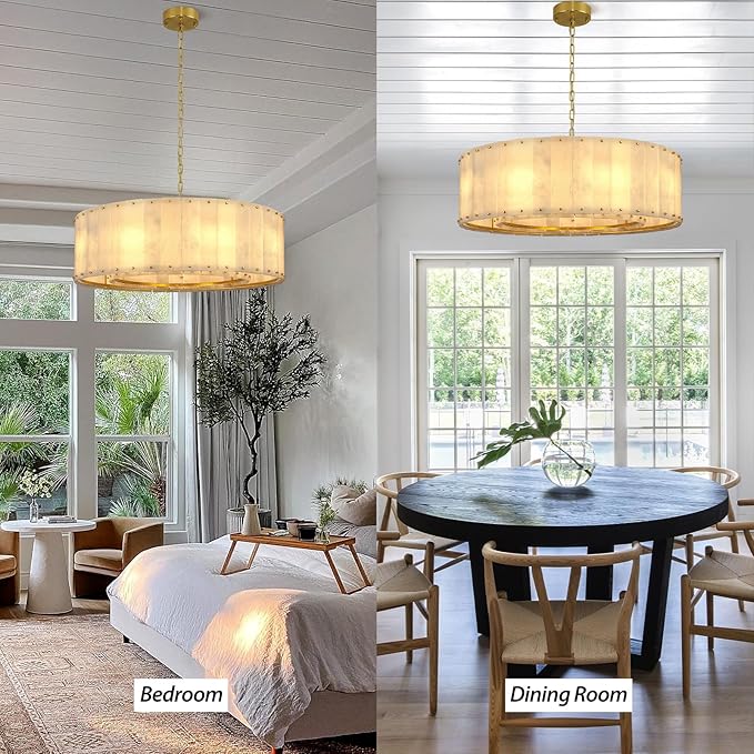 Alabaster Chandelier D32in Spanish Natural Marble Round Alabaster Chandeliers Adjustable,Modern Brass Living Room Chandelier,Gold Chandeliers for Dining Room,Bedroom,Bathroom,Foyer,E12 Bulbs Included