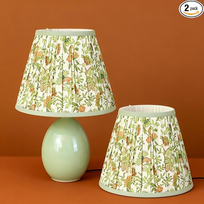 Lamp Shades Set of 2, 5" Top x 9" Bottom x 7" Slant Chandelier Shades Gingham Ruffle Scallop Lampshades for Vintage Farmhouse Cottagecore Table Bedroom Home Decor (Green Floral)