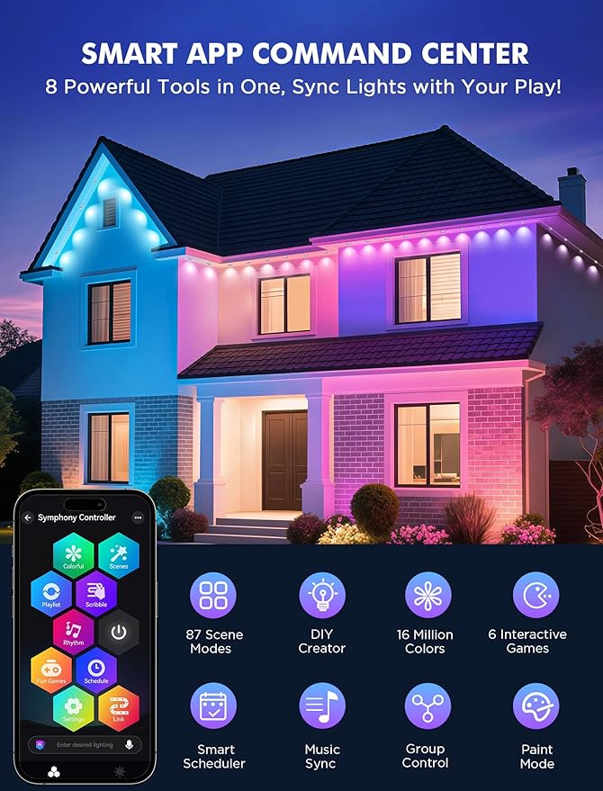FNY Permanent Outdoor Lights 50ft Smart RGB with 30 LED, IP67 Waterproof for Outdoor Decor, App/Remote Control Eaves Lights Compatible with Alexa, Google Assistant, DIY Scene Modes for Christmas