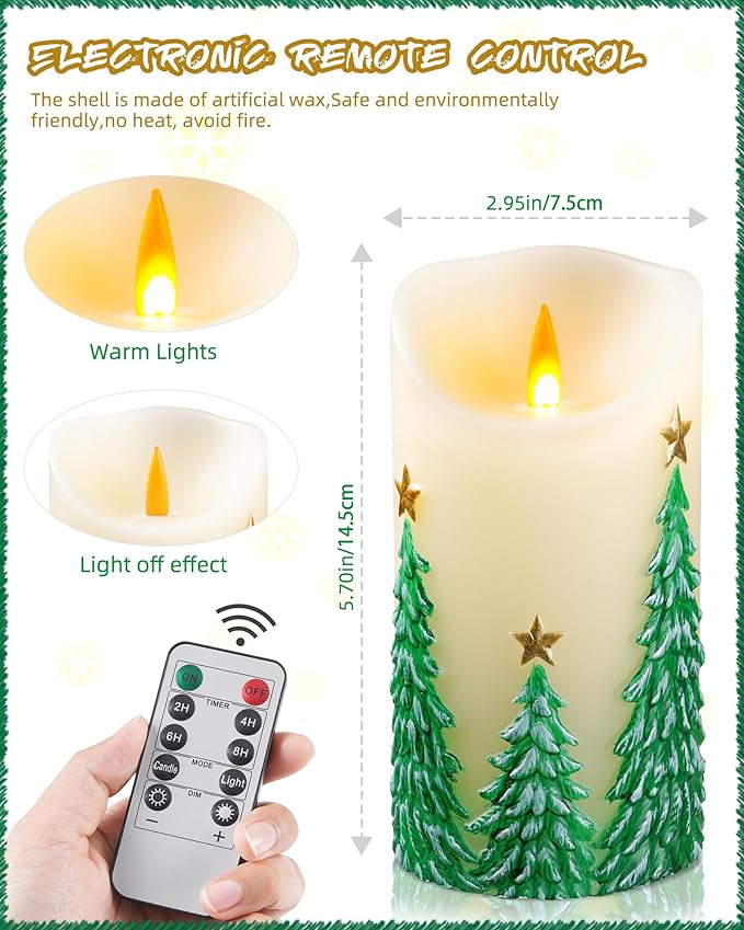 Christmas Tree Flameless Candles with Flickering Flame - Battery Operated Candles with Remote Control and Timer - Real Wax - unscented - Home/Holiday Decoration (3" x 6 ")