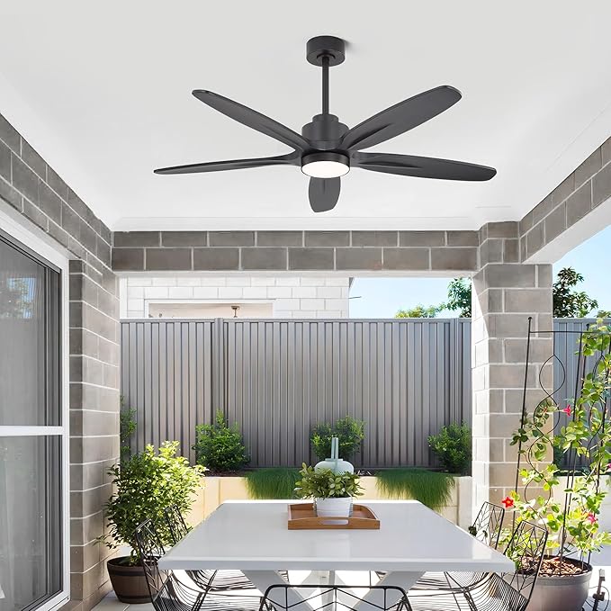 WINGBO 54" Ceiling Fan with Light - 5 Carved Solid Wood Blades, 6-Speed Reversible DC Motor, Dimmable, 3CCT, Noiseless Remote Control Ceiling Fans with Lights for Bedroom Living Room, Matte Black