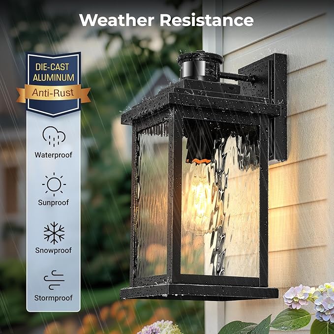 VIANIS 2 Pack Large Advanced Motion Sensor Outdoor Lights, Black Easy-to-Install Dusk to Dawn Outdoor Wall Lights, Aluminum Waterproof Porch Light with Water Glass for Porch, Garden, Front Door