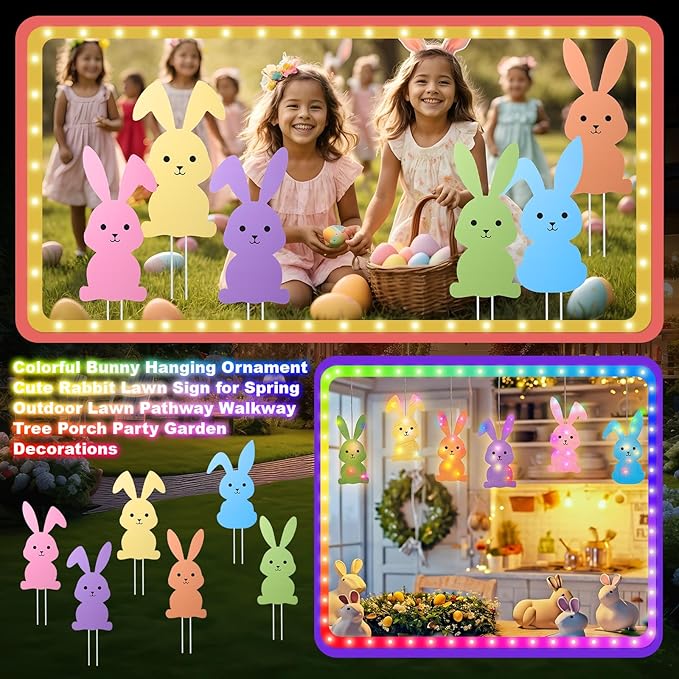 Novabright 6 Pcs Easter Bunny Yard Signs Colorful with Stakes, Outdoor Garden Bunny Lawn Signs with 39ft LED Lights Rabbit Happy Easter Decorations for Home Spring Props Party Supply