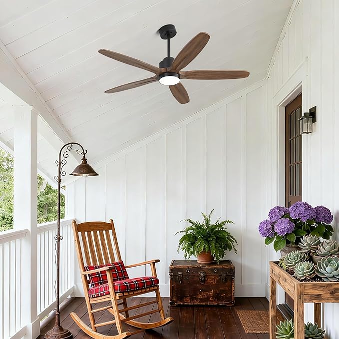 WINGBO 54" Ceiling Fan with Light - 5 Carved Solid Wood Blades, 6-Speed Reversible DC Motor, Dimmable, 3CCT, Noiseless Remote Control Ceiling Fans with Lights for Bedroom Living Room, Black and Wood