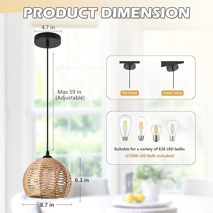 Woven Pendant Light Boho Chandelier Dome Rustic Farmhouse Chandelier Hemp Rope Light Rattan Light Fixture for Dining Room Living Room Bedroom Kitchen Foyer(Bulb Included)