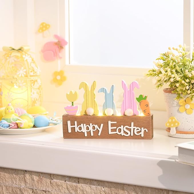 Valery Madelyn Easter Decorations, Wooden Easter Decor for Table with LED Lights, Lighted Bunny Decorations for the Home Decor Shelf Tiered Tray Living Room, 12 Inch, Pink Blue