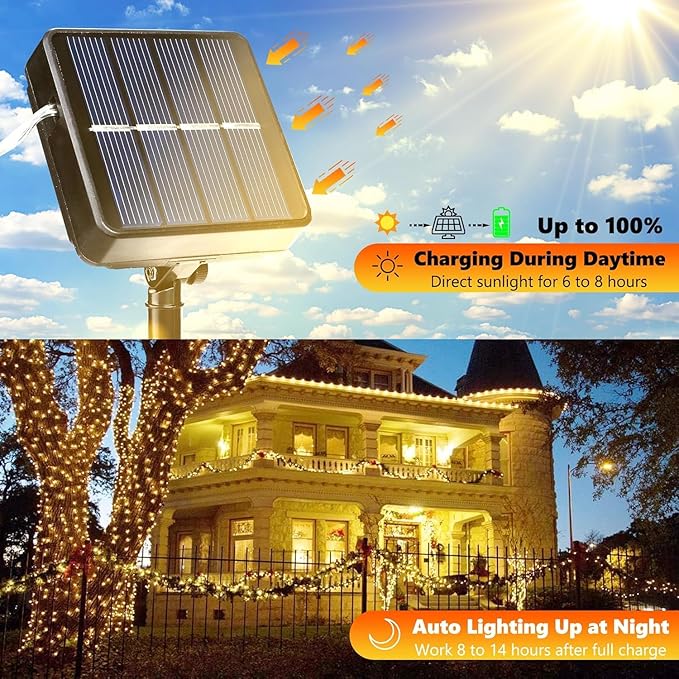 Lomotech Solar String Lights Outdoor - 2 Pack Total 66ft 200LED Solar Fairy Lights Waterproof 8 Modes Twinkle Lights for Outdoor, Patio, Garden, Yard, Party, Wedding, Tree Decoration (Warm White)