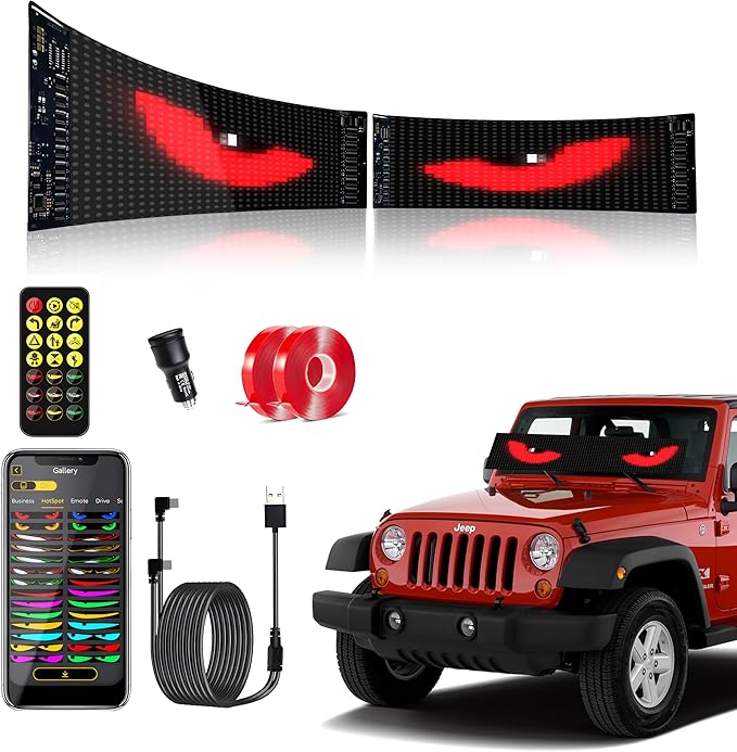Ojos Led para Carro 23.4"x4.7" Devil's Eye Led Eyes Animated for Car Windshield, Trylightride Programmable Scrolling Sign for Cars/SUVs/Trucks, USB Powered LED Matrix Panel, Remote/App Control