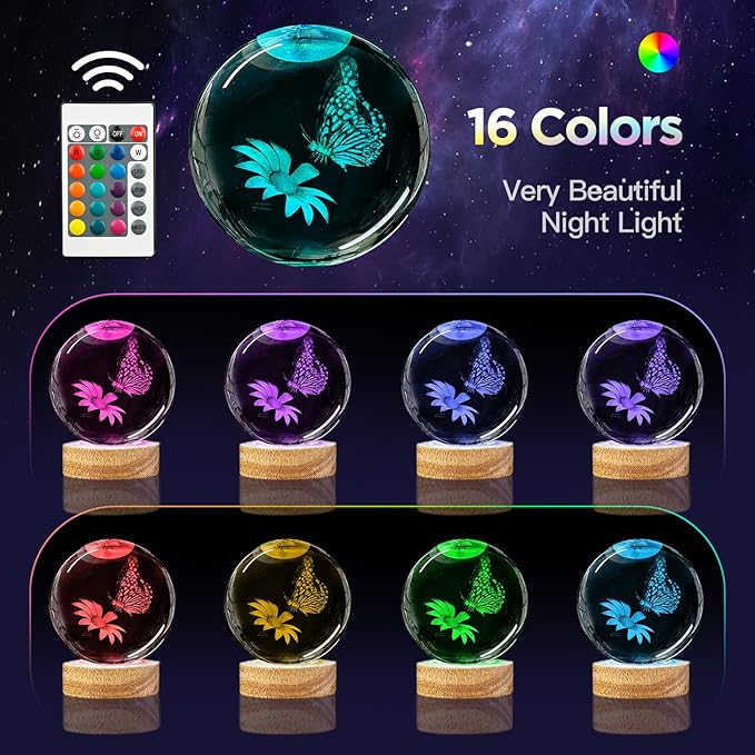 3D Crystal Ball Night Light with Wooden Base, 3.15" Butterfly & Flower Figurine Glass Lamp with 16 Colors, Cute Desk Decor for Bedroom Gifts