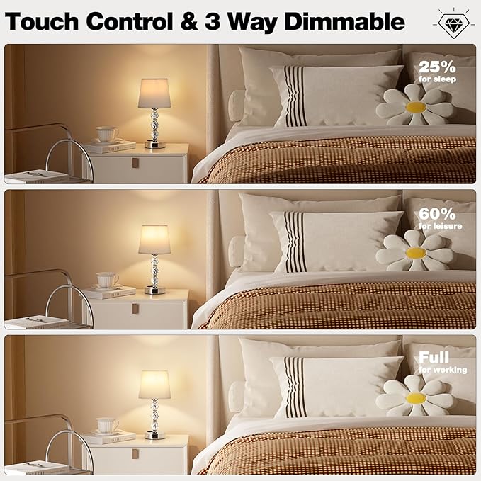 Acaxin Crystal Table Lamp Set of 2 for Bedroom/Living Room, 14.6in (Beige)