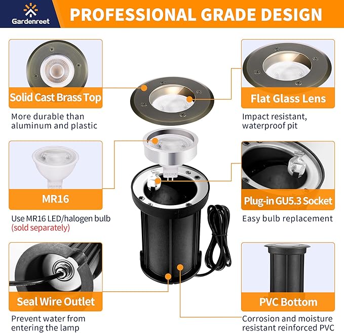 Gardenreet Landscape Well Light - Brass Outdoor Ip65 Waterproof In-Ground Lighting, 12V Wired LED Low Voltage Fixture, Antique Bronze for Lawn Walkway Wall Without MR16 Bulb