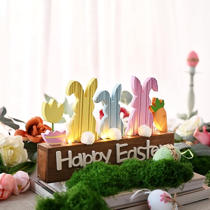 Valery Madelyn Easter Decorations, Wooden Easter Decor for Table with LED Lights, Lighted Bunny Decorations for the Home Decor Shelf Tiered Tray Living Room, 12 Inch, Pink Blue