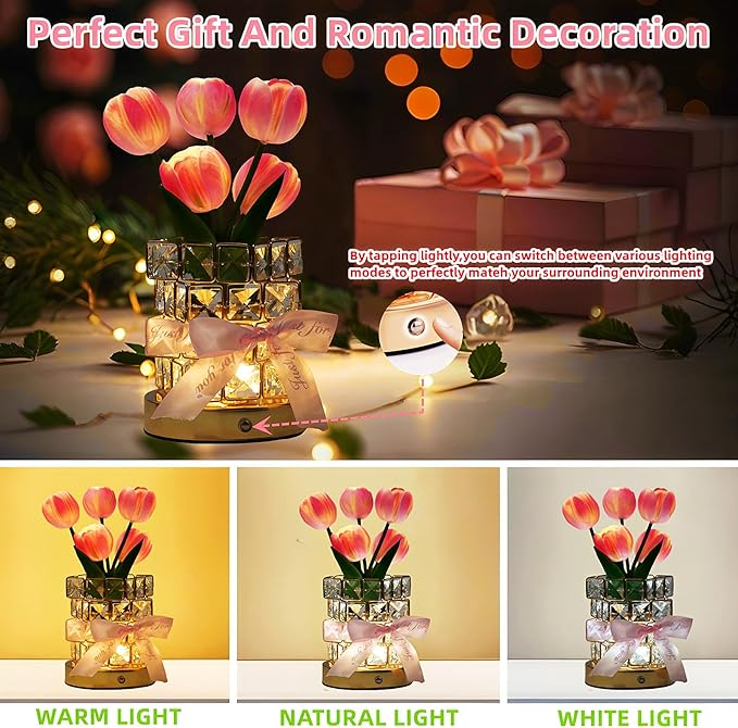 Tulips Flower Lamp,Rechargeable Cordless Touch Table Lamp for Bedroom,3-Colour Dimming Small Night Light,Crystal Bedside Lamps with USB Charge,Birthday Valentine's Day Gifts for Women,Mom,Wife