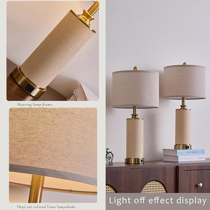 Gold Boho Farmhouse Rattan Table Lamps set of 2, Touch Control desk Lamps, 3 Way Dimmable Grass Rope Large BedsideTable Lamp with Usb A+C for Living Room/Bedroom/Office(2 LED Bulbs Included)