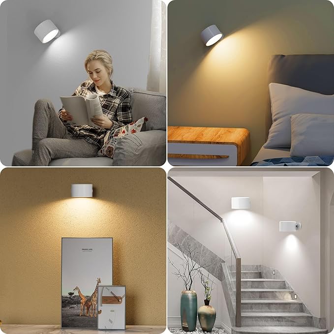 Koopala 2PACK LED Wall Lamps with Rechargeable Battery Operated, Wall Mounted Lights with 3 Brightness 3 Color Temp Removable Charging 360°Rotate Magnetic, Cordless Wall Sconces for Reading Bedside