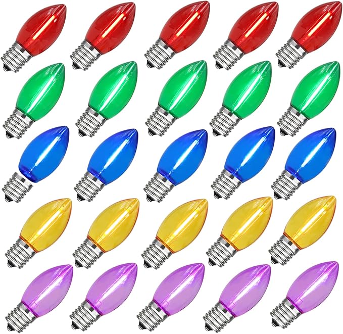 25 Pack C9 Replacement Christmas Light Bulbs, 0.6 Watt C9 Multicolor Clear LED Light Bulbs for Christmas Indoor Outdoor Patio Halloween Party String Lights, C9/E17 Candelabra Base